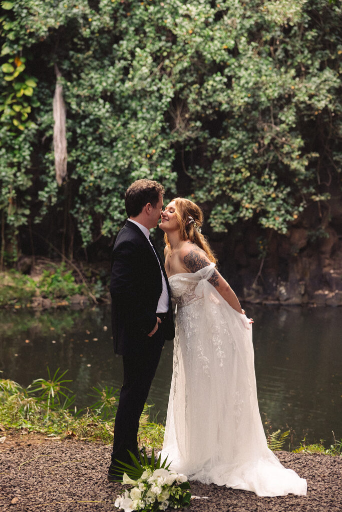 Some elopements feel like they were pulled straight out of a dream, and Courtnee and Joshua’s waterfall elopement in Kauai, Hawaii was exactly that. Surrounded by lush jungle, the sound of rushing water, and the soft island breeze, their day was intentional, intimate, and centered completely around the two of them.