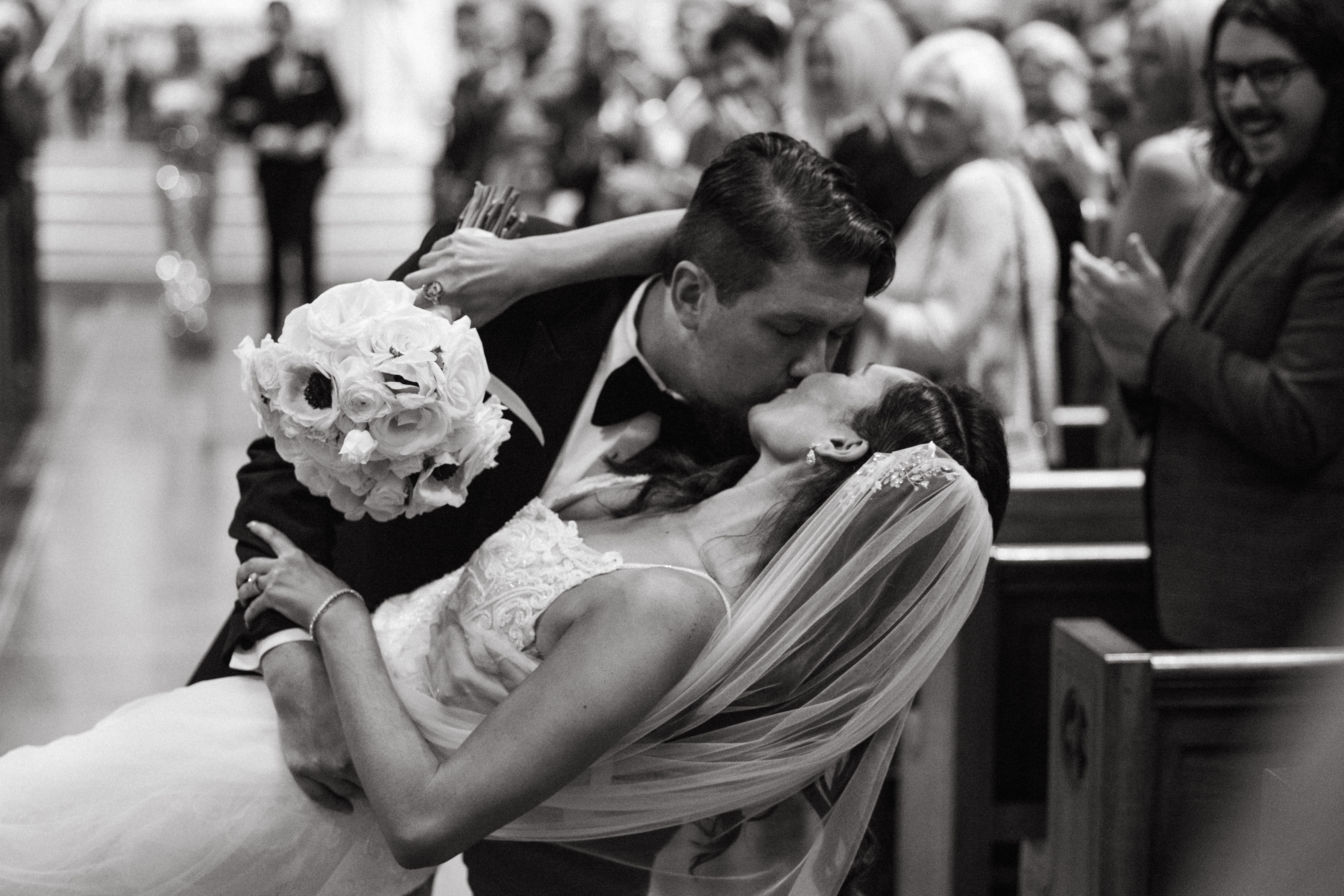 Bride in Dress Lounge gown with moody, romantic Scranton Cultural Center backdrop