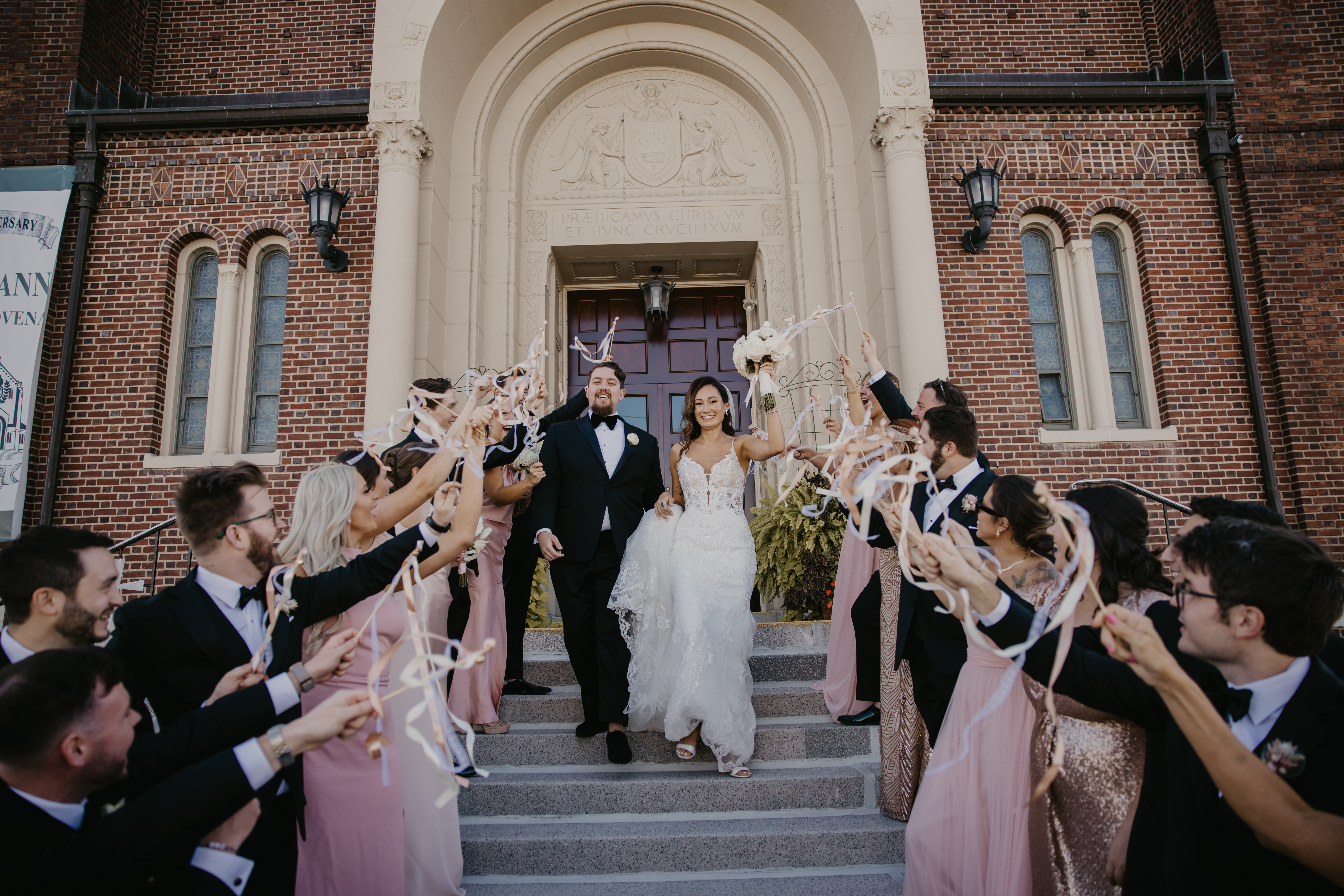 Bride in Dress Lounge gown with moody, romantic Scranton Cultural Center backdrop