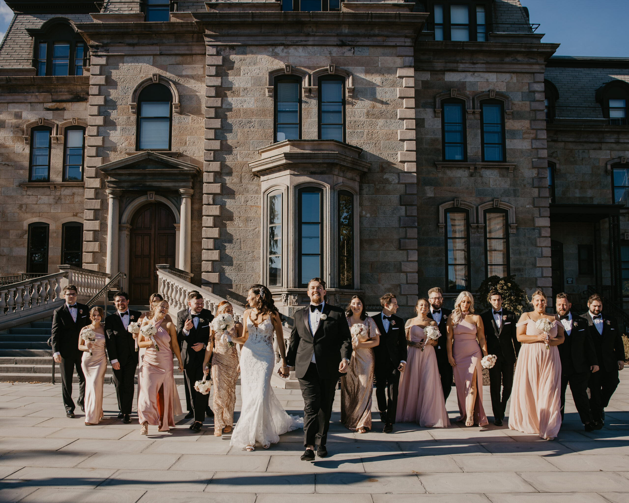 Bride in Dress Lounge gown with moody, romantic Scranton Cultural Center backdrop