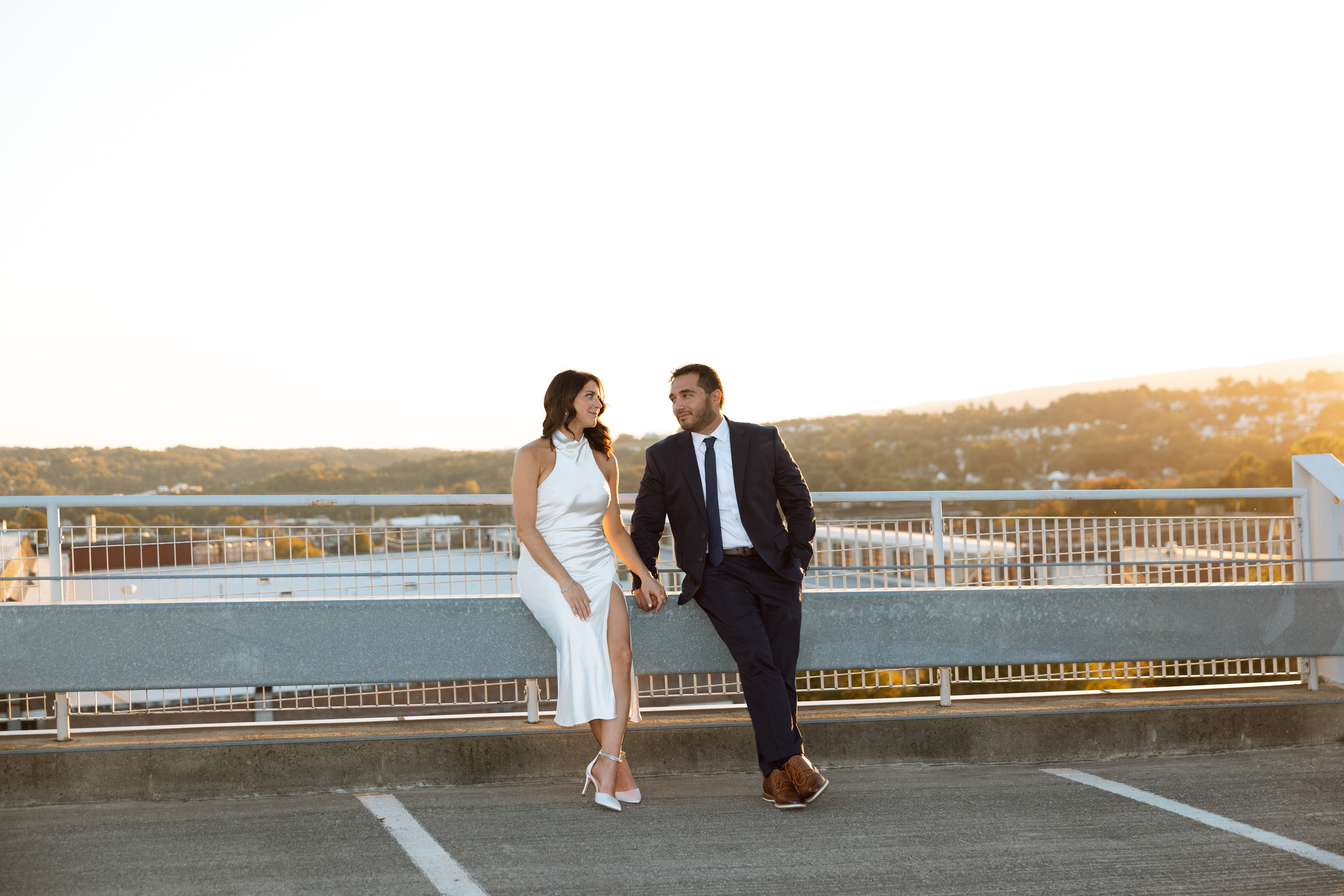 Downtown Scranton rooftop engagement session with soft sunset light