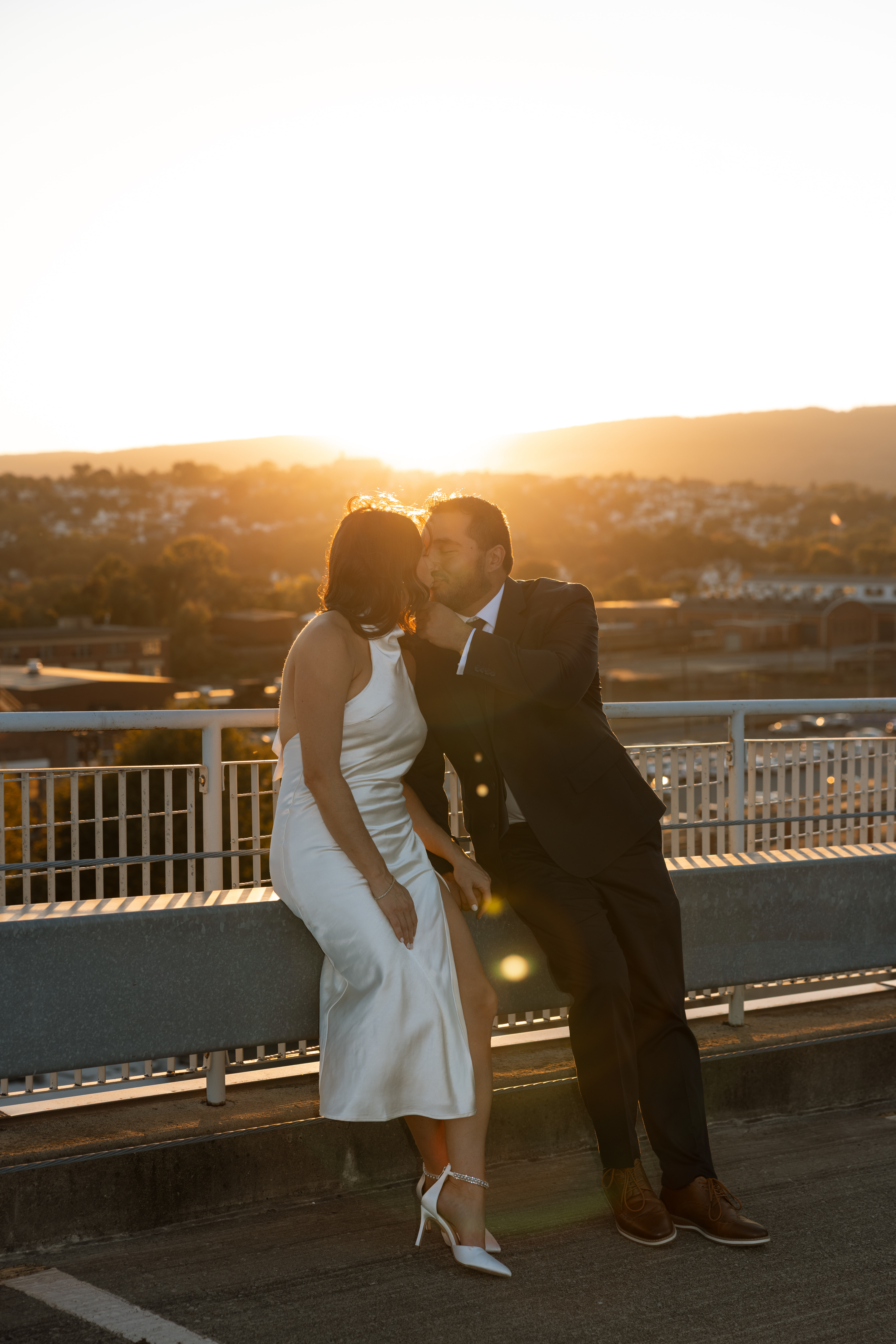 Downtown Scranton rooftop engagement session with soft sunset light
