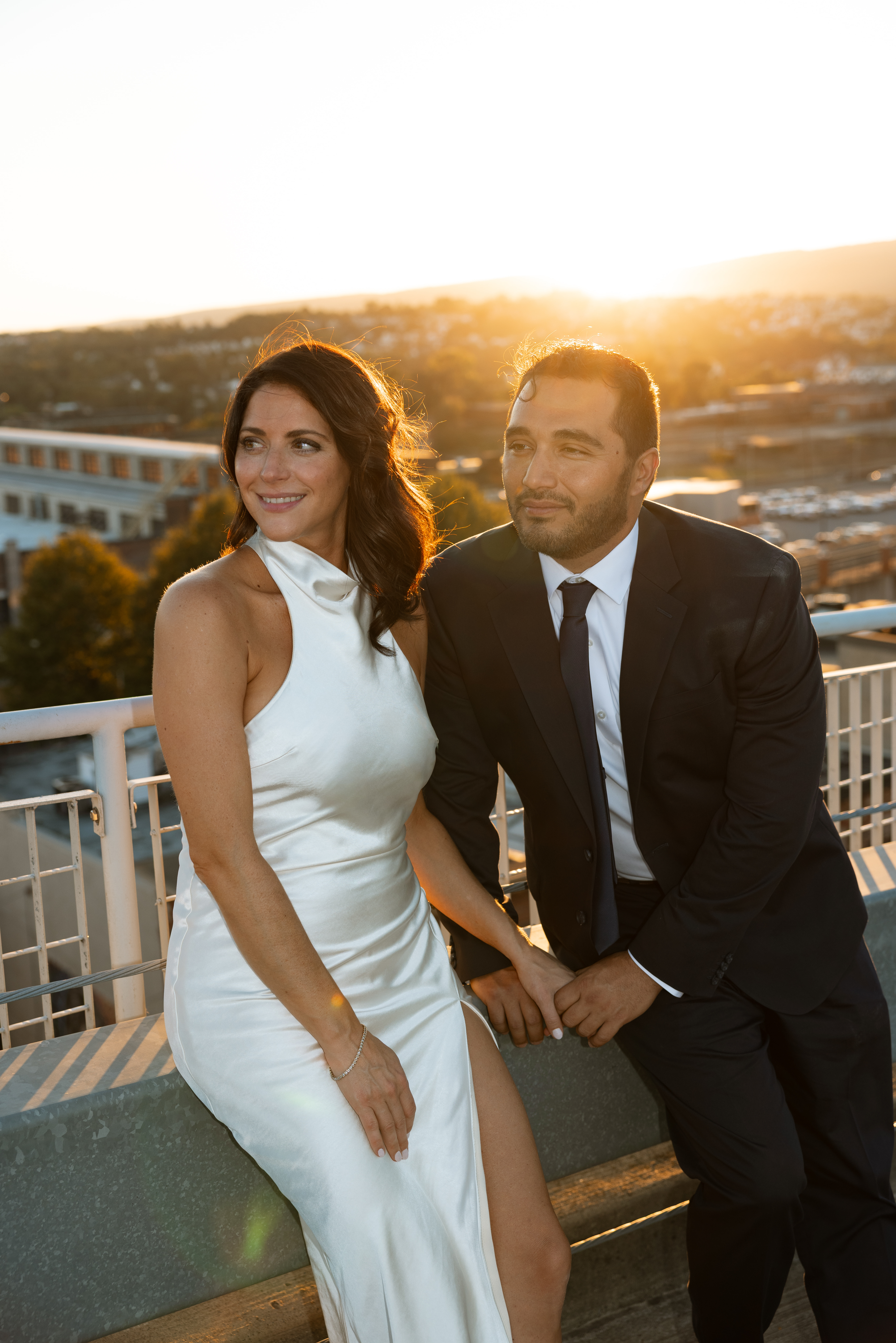 Downtown Scranton rooftop engagement session with soft sunset light