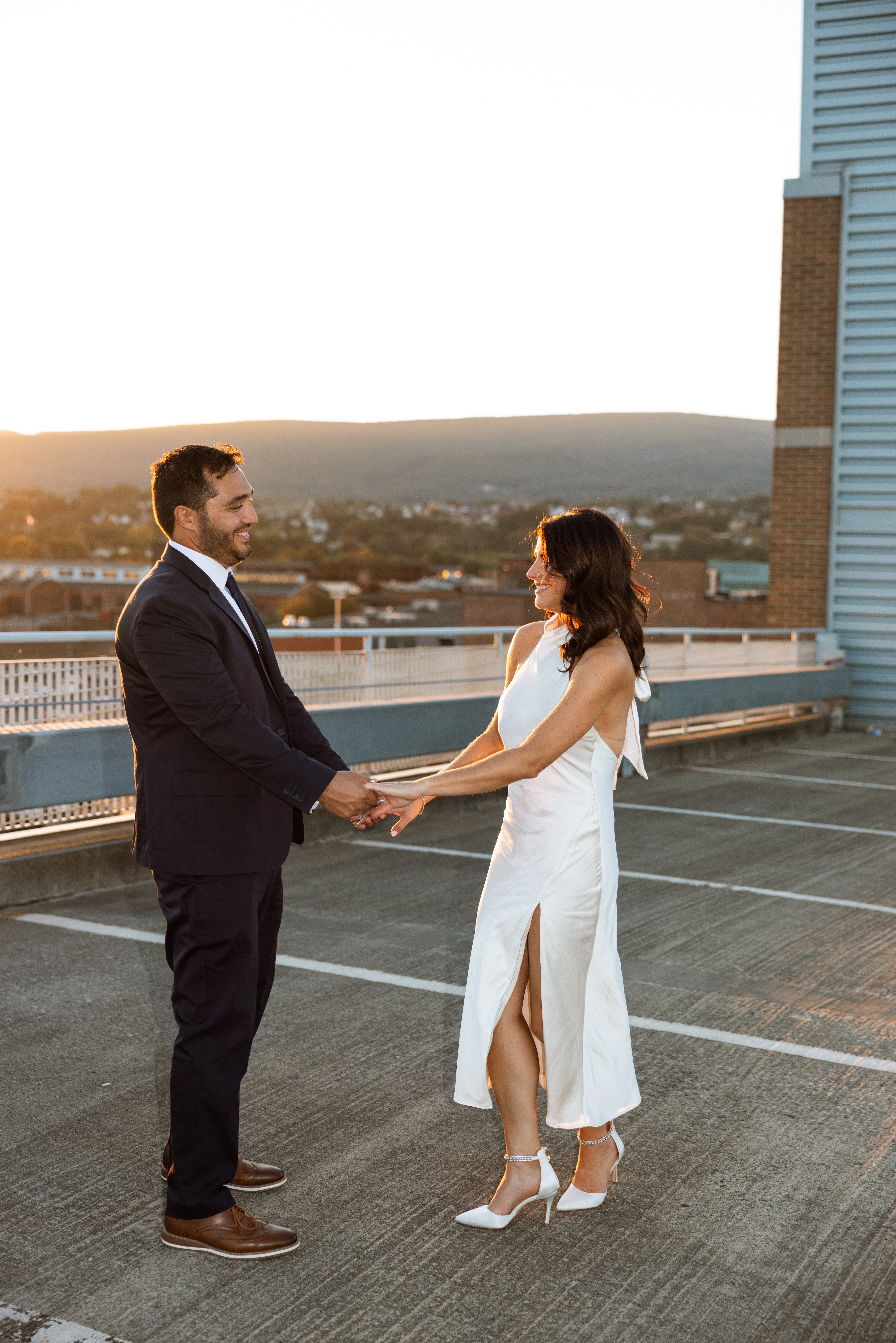 Downtown Scranton rooftop engagement session with soft sunset light