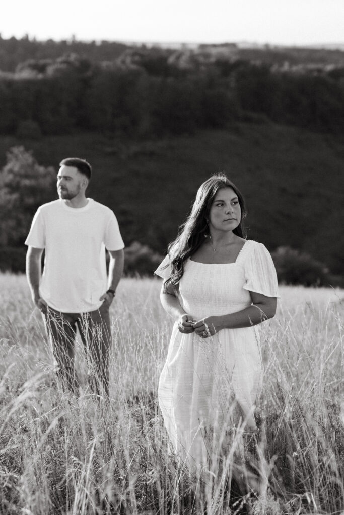 Natural, candid field couple photos created through guided prompts in Lehigh Valley Pennsylvania at golden hour