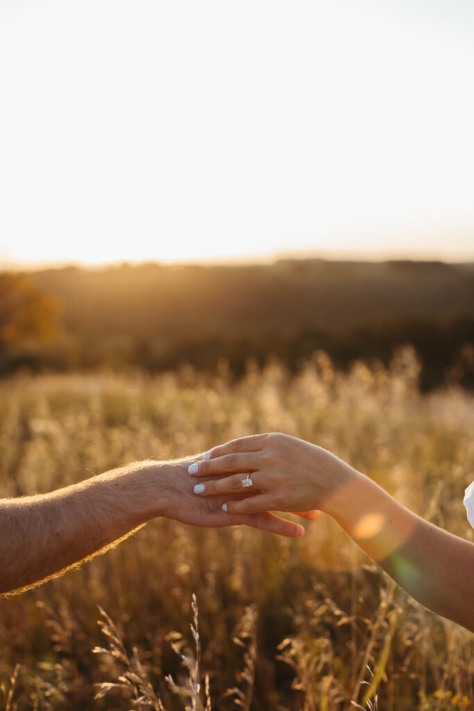 Natural, candid field couple photos created through guided prompts in Lehigh Valley Pennsylvania at golden hour