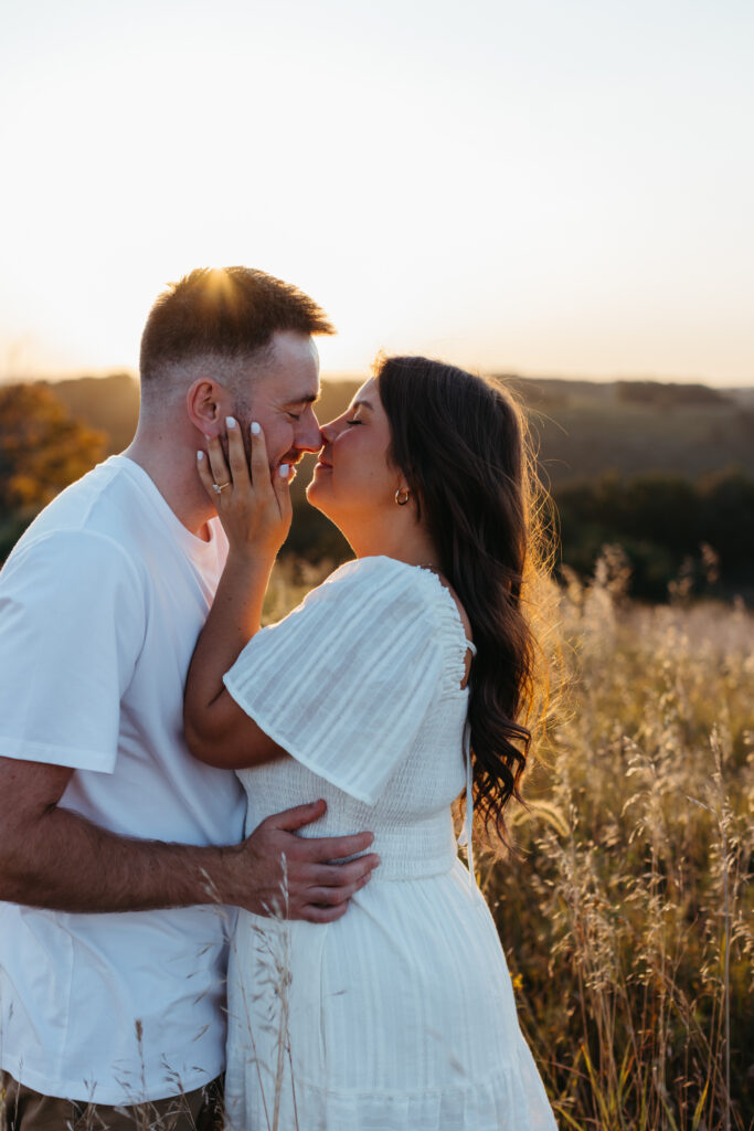 Natural, candid field couple photos created through guided prompts in Lehigh Valley Pennsylvania at golden hour