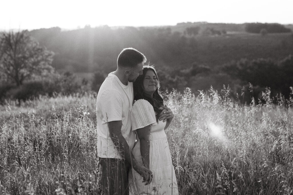 Natural, candid field couple photos created through guided prompts in Lehigh Valley Pennsylvania at golden hour