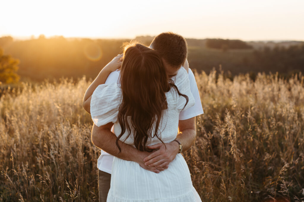 Natural, candid field couple photos created through guided prompts in Lehigh Valley Pennsylvania at golden hour
