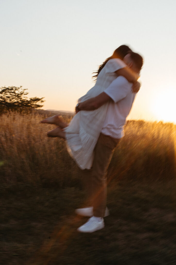 Natural, candid field couple photos created through guided prompts in Lehigh Valley Pennsylvania at golden hour
