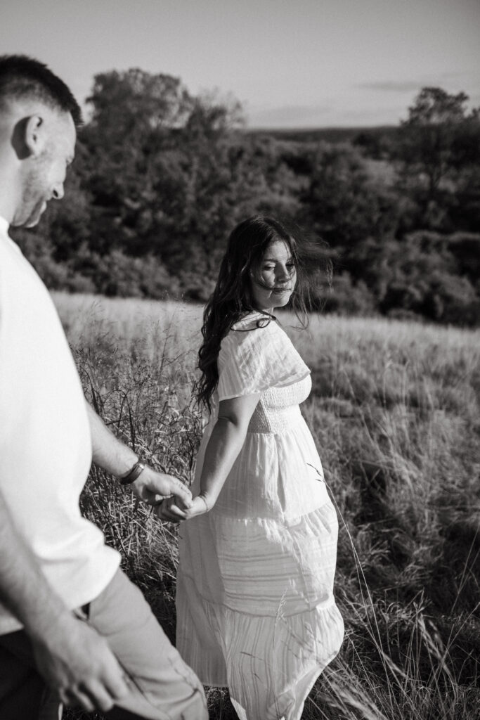 Natural, candid field couple photos created through guided prompts in Lehigh Valley Pennsylvania at golden hour