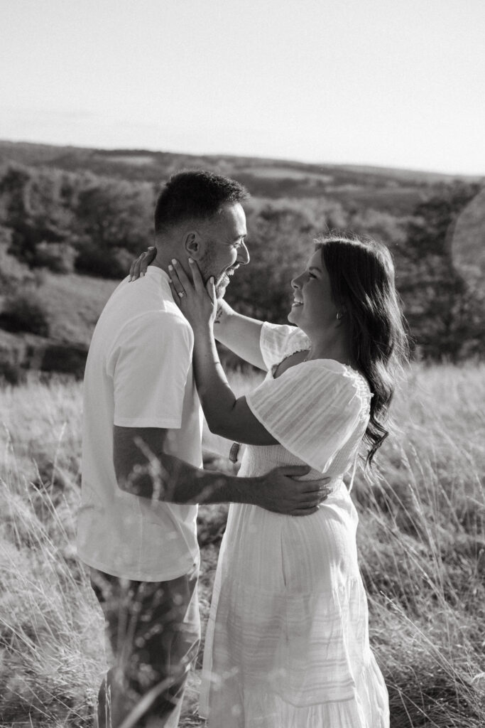 Natural, candid field couple photos created through guided prompts in Lehigh Valley Pennsylvania at golden hour