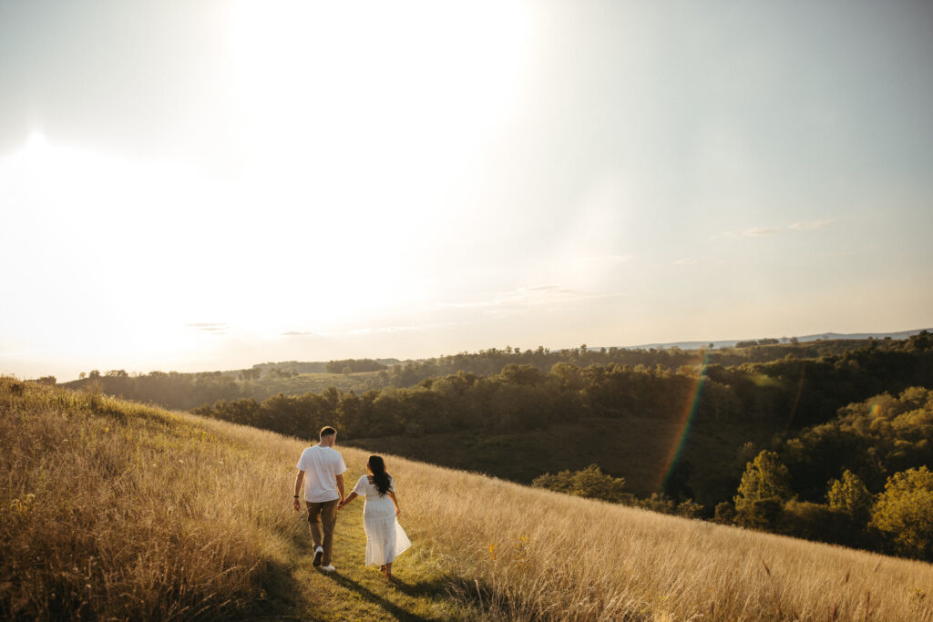 Natural, candid field couple photos created through guided prompts in Lehigh Valley Pennsylvania at golden hour