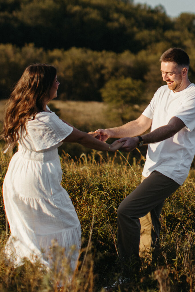 Natural, candid field couple photos created through guided prompts in Lehigh Valley Pennsylvania at golden hour