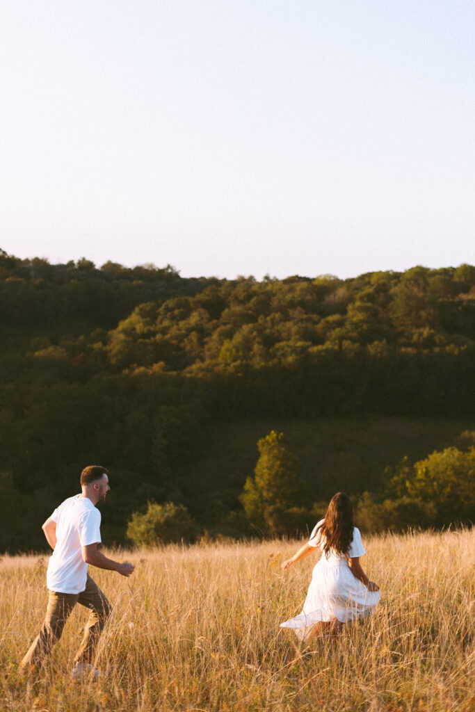 Natural, candid field couple photos created through guided prompts in Lehigh Valley Pennsylvania at golden hour